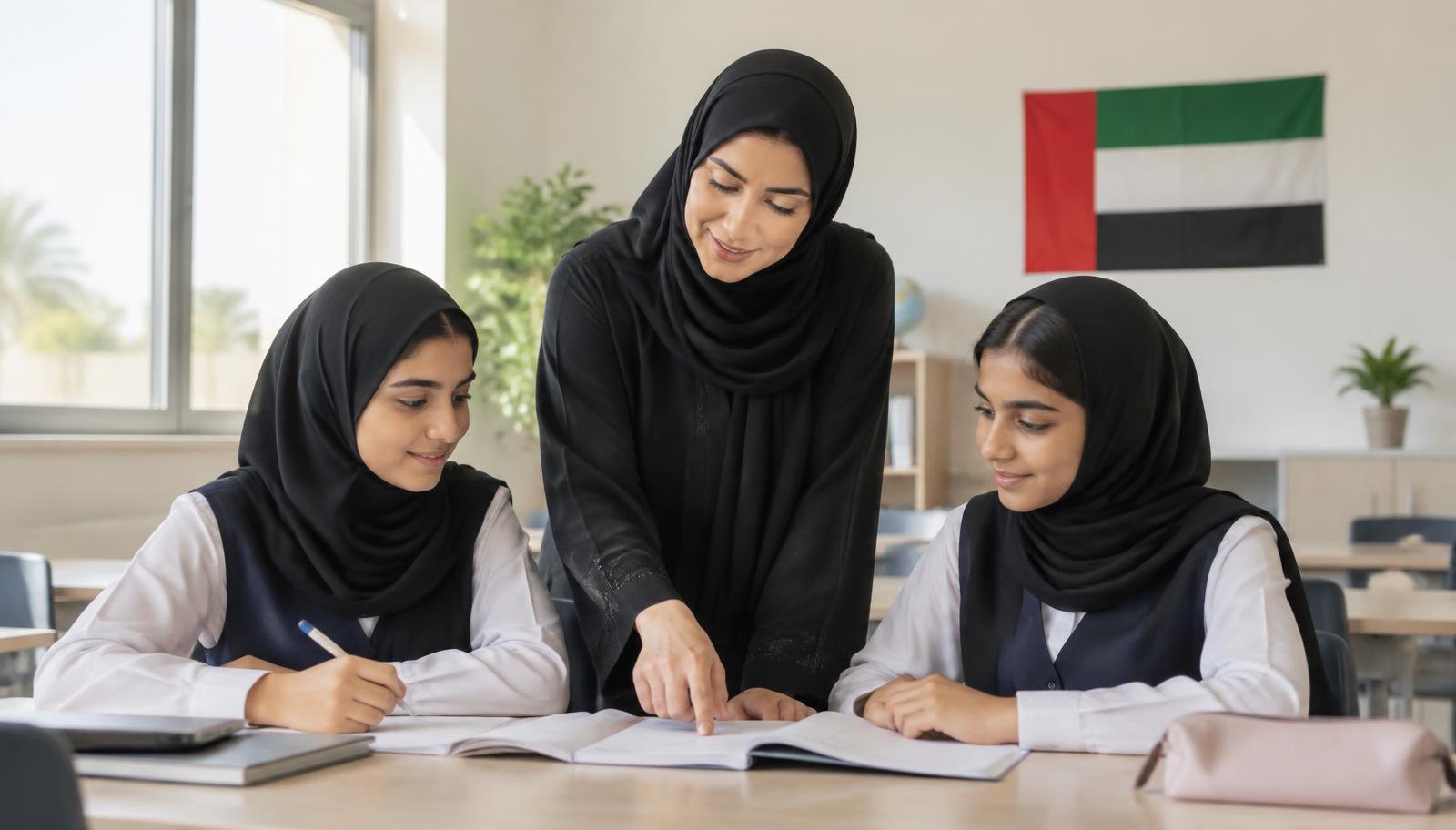 معلمة تشرح لطالبتين وعلم الإمارات على الجدار