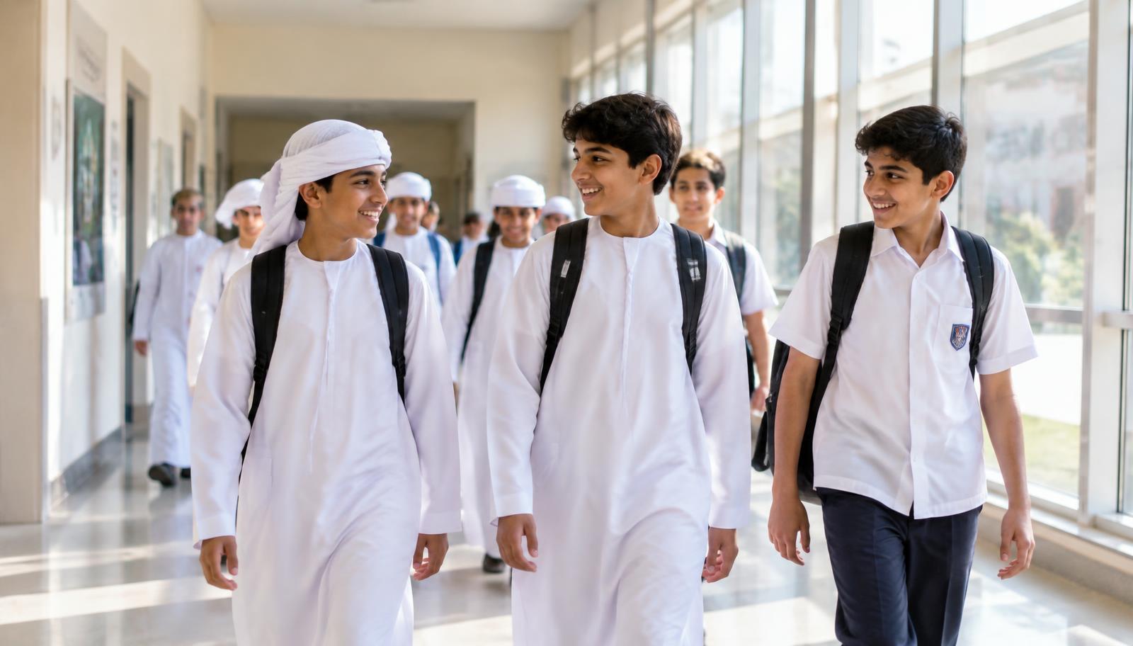 طلاب مدرسة إماراتية في ممر مدرسي حديث ومضيء