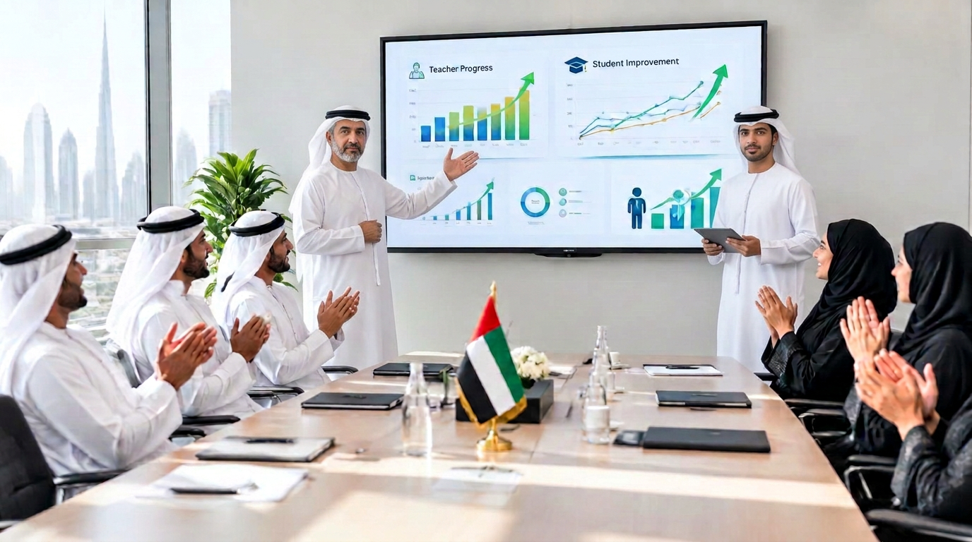 فريق المنصة يعرض تقدم المعلمين في اجتماع مدرسي والحضور يصفقون