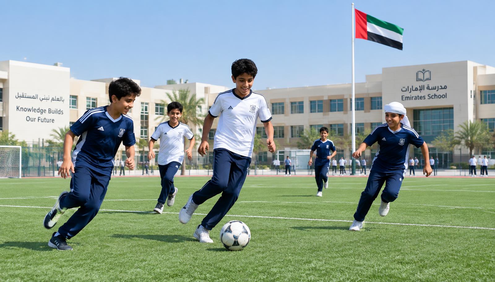 طلاب يلعبون كرة القدم في ملعب مدرسة إماراتية وعلم الدولة مرفوع